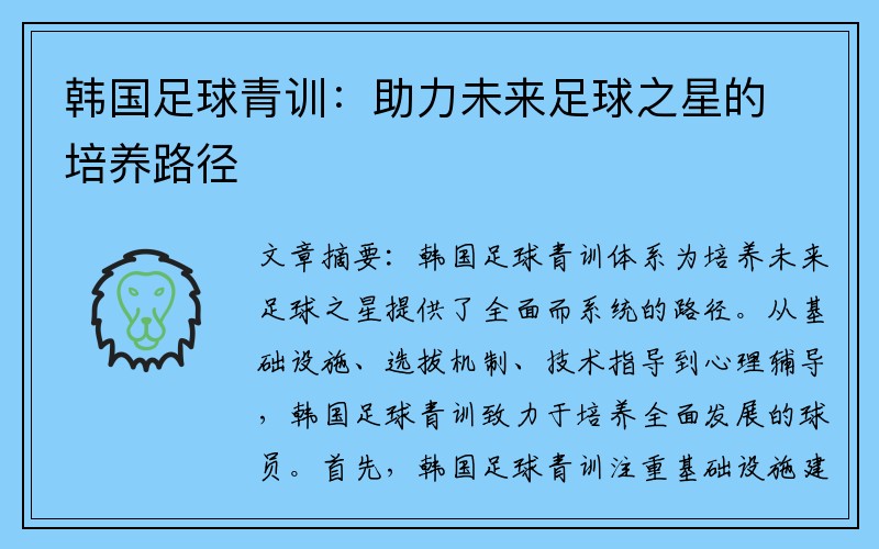韩国足球青训：助力未来足球之星的培养路径